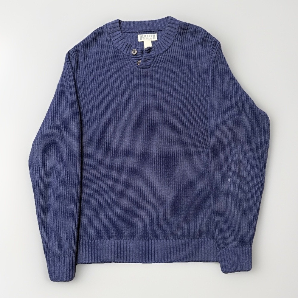 Duluth Trading Sweater Mens Large Blue Rib Knit Henley‎ Heavy Cotton